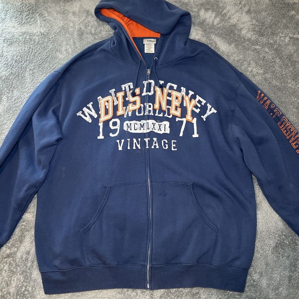 Vintage Walt Disney World Zip Up Hooded Jacket Adult Sz 3XL Sweater ORANGE/BLUE